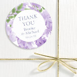 Sticker Rond Merci Watercolor Wisteria Floral Mariage<br><div class="desc">Stickers Mariage Floral Merci Purple Aquarelle Wisteria présente des fleurs élégantes de glycine à l'aquarelle en lavande douce et violet avec feuilles verts sur un arrière - plan blanc avec "Merci" dans un script de calligraphie moderne violet avec vos noms et la date mariage ci-dessous. Conçu pour vous par Evco...</div>