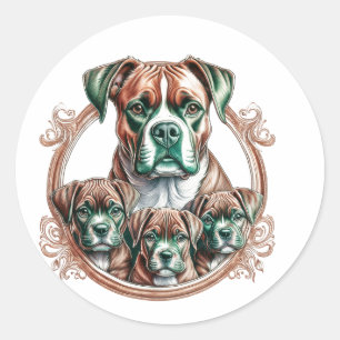 Sticker Rond Mère Boxer et ses 3 chiots