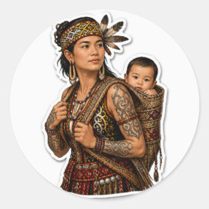 STICKER ROND MÈRE DAYAK ET BÉBÉ TRIBAL BORNÉO ART
