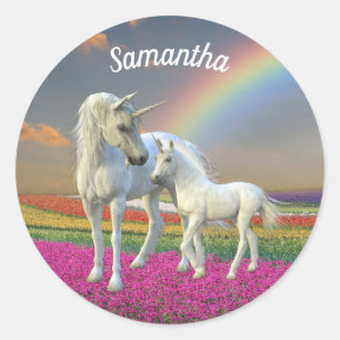 Sticker Rond Mère et bébé licorne Foal Rainbow