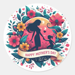 Sticker Rond Mère et fille silhouette florale fête des mères