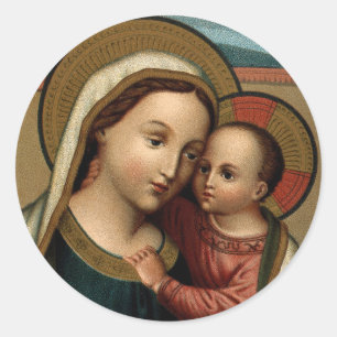 Sticker Rond Mère Marie et Bébé Jésus Christ Noël