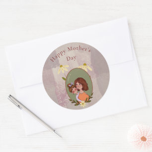 Sticker Rond Mère mignonne & Enfant Illustration Fête des Mères