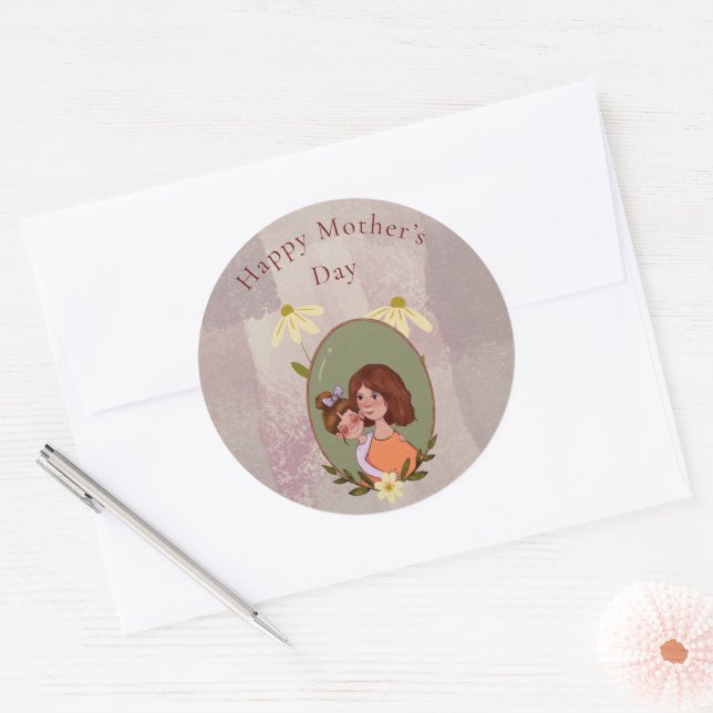 Sticker Rond Mère mignonne & Enfant Illustration Fête des Mères (Enveloppe)