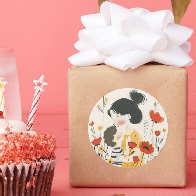 Sticker Rond Mère serrant son fils (Fête)