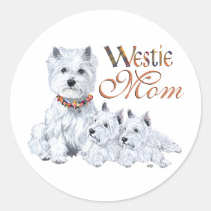 Sticker Rond Mère Terrier West Highland White et ses chiots