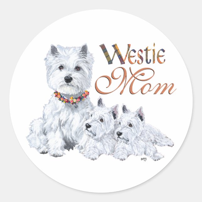 Sticker Rond Mère Terrier West Highland White et ses chiots (Devant)