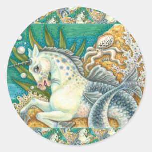 STICKER ROND MERHORSE & OCTOPUS BLANC, CHEVAL UNICORN IMAGINAIR