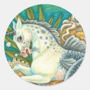 STICKER ROND MERHORSE & OCTOPUS BLANC, CHEVAL UNICORN IMAGINAIR
