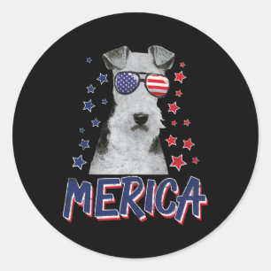 Sticker Rond Merica Wire Fox Terrier Chien 4 juillet États-Unis