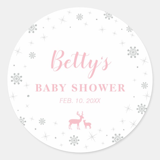 Sticker Rond Merland hivernal, Baby shower argenté et rose (Devant)