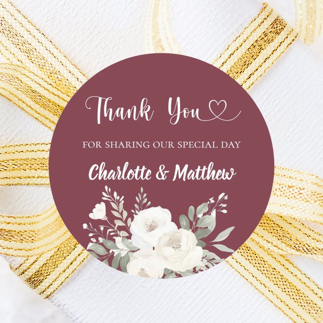 Sticker Rond Merlot bordeaux fleurs blanches merci mariage (Créateur téléchargé)