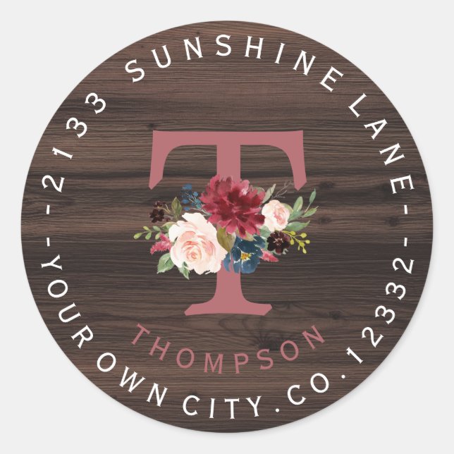 Sticker Rond Merlot Marine Floral Monogramme Circulaire Étiquet (Devant)