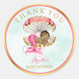 Sticker Rond Mermaid Bébé Clam Shell Tiara Africain-Américain