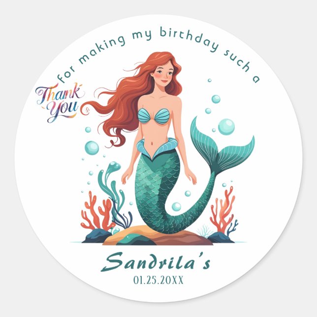 Sticker Rond Mermaid  Birthday Party der The Sea Mermaid  (Devant)