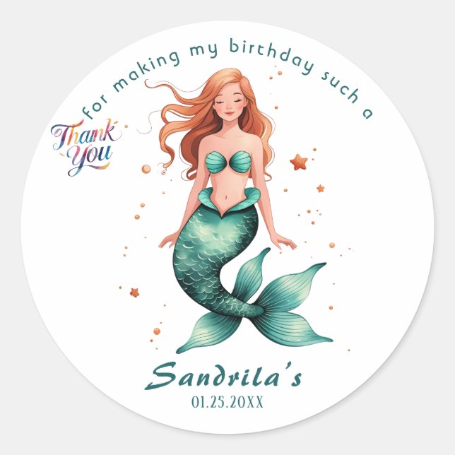 Sticker Rond Mermaid  Birthday Party der The Sea Mermaid  (Devant)