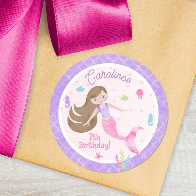 Sticker Rond Mermaid Brown Cheveux Mer Créatures Violet Anniver (Créateur téléchargé)
