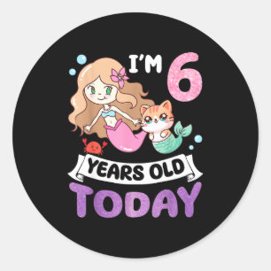 Sticker Rond Mermaid chat kawaii j’ai 6 ans 6ème anniversaire