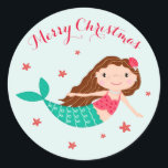 Sticker Rond Mermaid Christmas Red Aqua<br><div class="desc">Ces autocollants de Noël de sirène arborent une jolie sirène et une étoile de mer. D'autres articles correspondants sont également disponibles.</div>