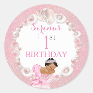 Sticker Rond Mermaid Ethnic Baby Girl Pink Shell Pearls