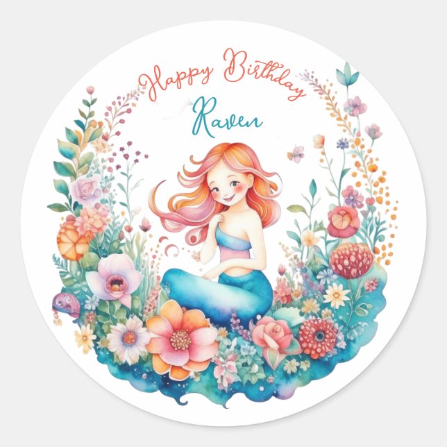 Sticker Rond Mermaid Fête d'anniversaire à thème Floral Girl (Devant)