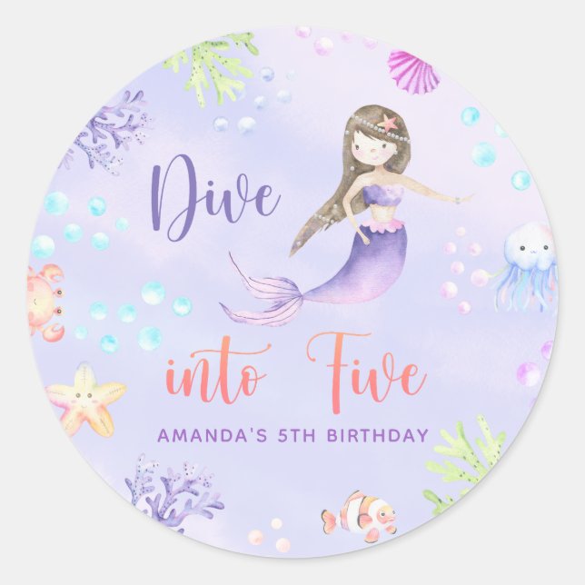 Sticker Rond Mermaid Girl Dive In Five 5th Birthday Party (Devant)