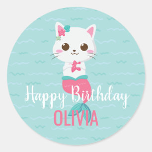 Sticker Rond Mermaid Kitty fête d'anniversaire