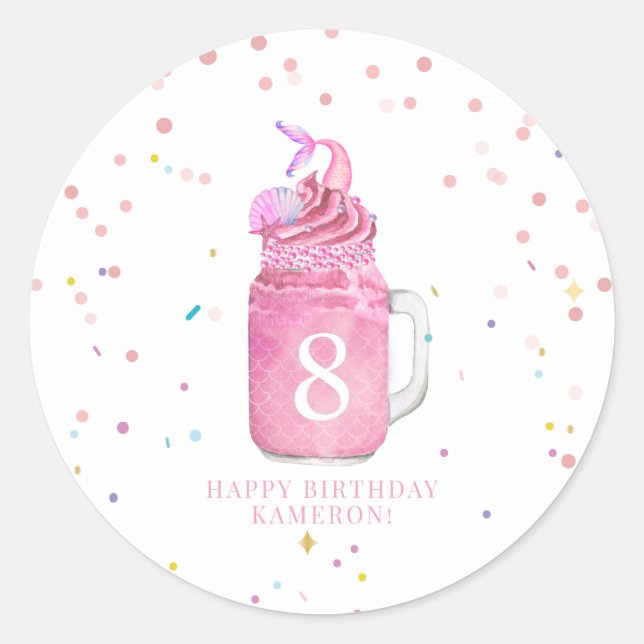 Sticker Rond Mermaid Mason Jar Milkshake Girls Pink Anniversair (Devant)
