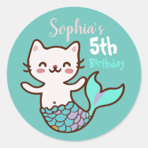 Sticker Rond Mermaid Meowmaid Purrmaid Girl Anniversaire