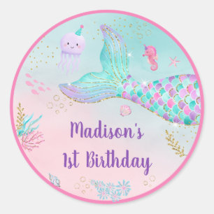 Sticker Rond Mermaid Pink Gold Sous La Mer Anniversaire