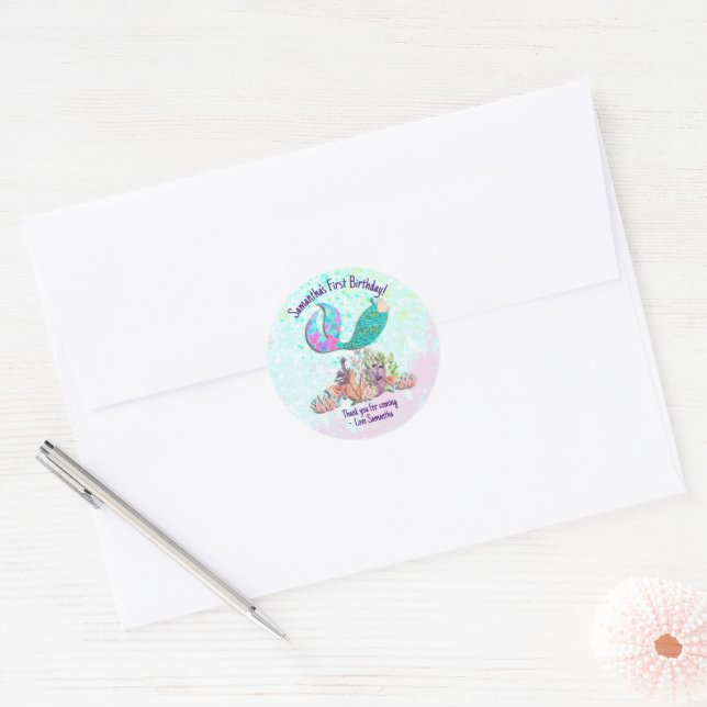 Sticker Rond Mermaid Queue sous la mer Anniversaire en faveur (Enveloppe)