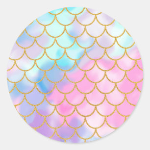 Sticker Rond Mermaid Scales Pastel Gold Parties scintillant Mot