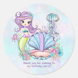 Sticker Rond Mermaid Sea Life Fête d'anniversaire avec âge pe