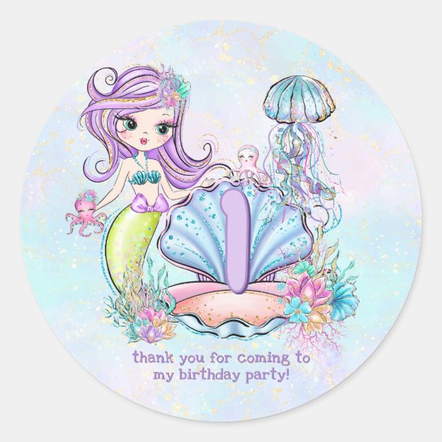 Sticker Rond Mermaid Sea Life | Fête d'anniversaire avec âge pe (Devant)