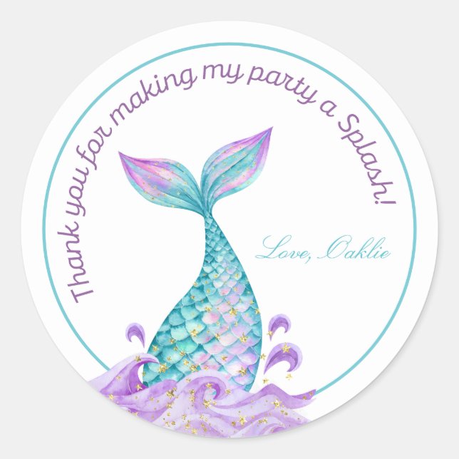 Sticker Rond Mermaid Tail Girl Aquarelle fête d'anniversaire (Devant)