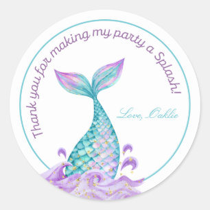 Sticker Rond Mermaid Tail Girl Aquarelle fête d'anniversaire