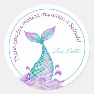 Sticker Rond Mermaid Tail Girl Aquarelle fête d'anniversaire