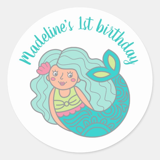 Sticker Rond Mermaid Turquoise personnalisé 1er anniversaire (Devant)