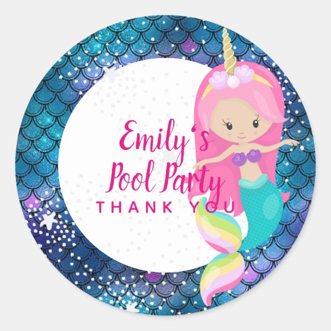 Sticker Rond Mermaid Unicorn Pool Party Fournitures Rose Blue G (Devant)