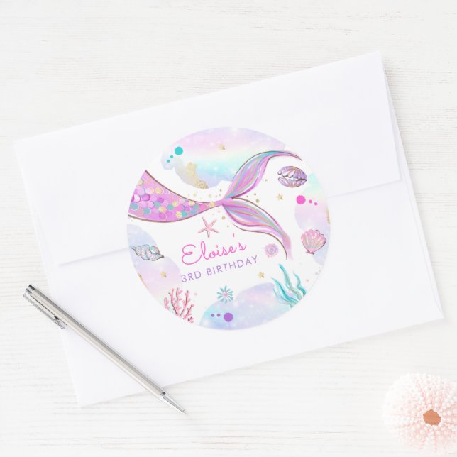 Sticker Rond Mermaid Whimsical Sous La Fête D'Anniversaire De L (Enveloppe)