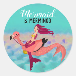 Sticker Rond Mermingo blanc mou et sirène rose