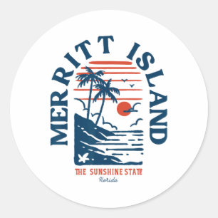 Sticker Rond Merritt Island Floride Rétro Surfeur Plage Vintage