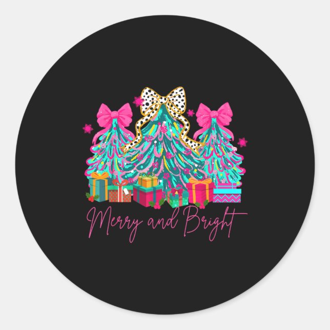 Sticker Rond Merry And Bright Coquette Bow Christmas Tree Women (Devant)
