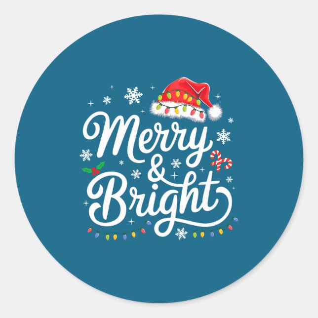 Sticker Rond Merry And Bright Red Santa Hat Xmas Lights Holiday (Devant)