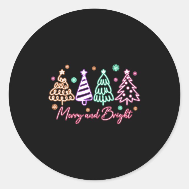 Sticker Rond Merry And Bright Tree Neon Christmas  (Devant)
