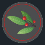 Sticker Rond Merry Berry Bright Christmas Greenery D591<br><div class="desc">Ce bel autocollant de Noël présente un cadre à cordes rouges,  une branche de feuilles verts,  des tourbillons et des baies rouge vif sur un arrière - plan de charbon de bois. Recherchez ID591 pour voir tous les produits de coordination pour ce mix n'match design set.</div>