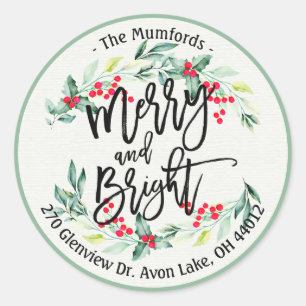 Sticker Rond Merry Bright Joyeux Noël Holly Florly Adresse