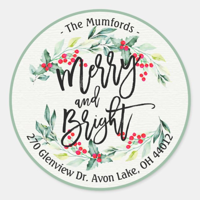 Sticker Rond Merry Bright Joyeux Noël Holly Florly Adresse (Devant)