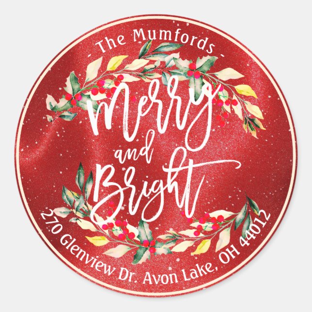 Sticker Rond Merry Bright Joyeux Noël Holly Florly Adresse (Devant)