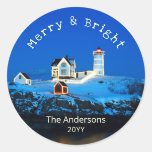 Sticker Rond Merry Bright Nubble Christmas Lighthouse